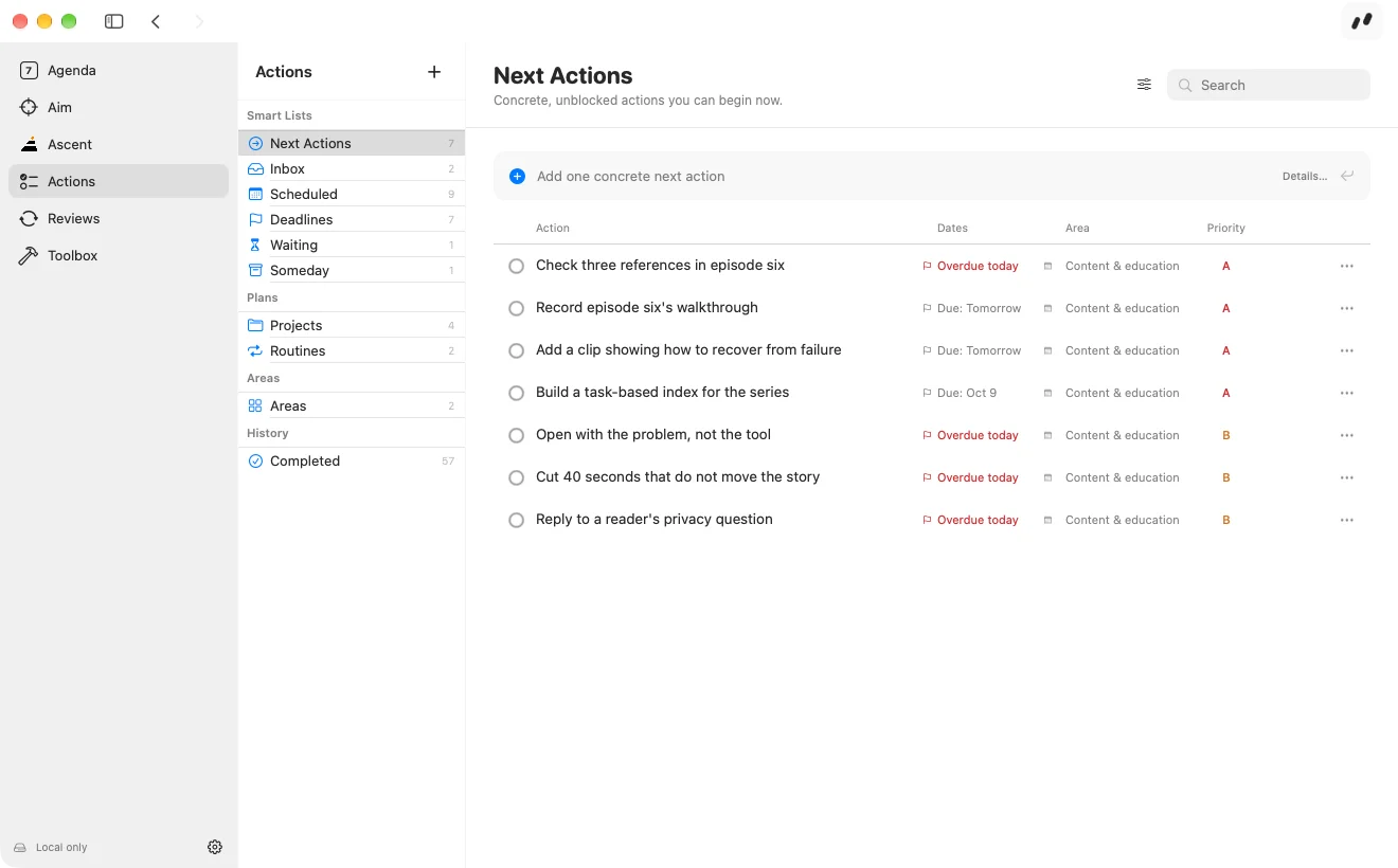 The Actions screen listing next actions with due dates, areas, and priorities