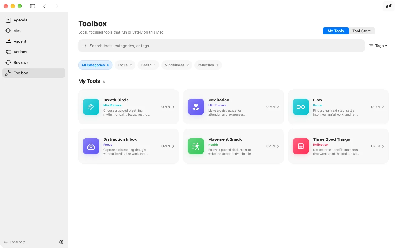 The Toolbox with Breath Circle, Meditation, Flow, Distraction Inbox, Movement Snack, and Three Good Things